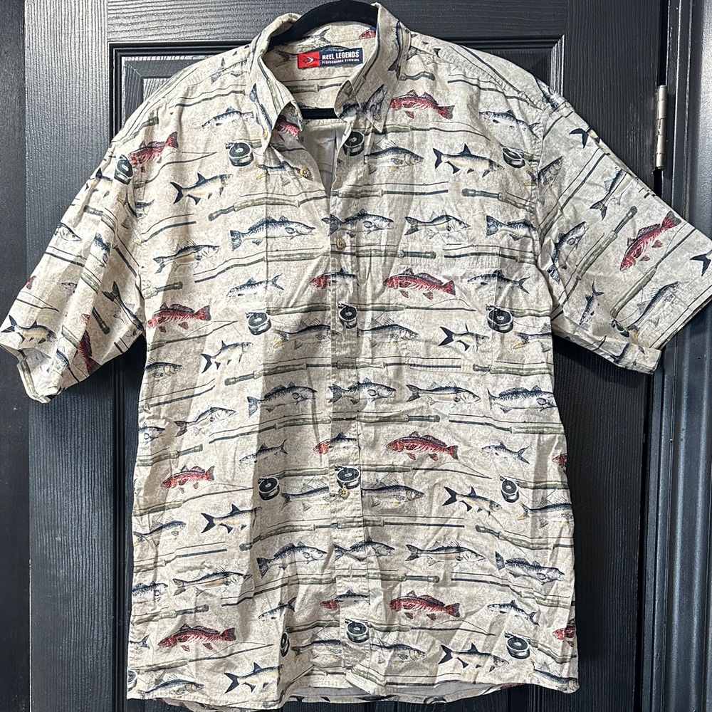 Reel Legends Tan Fish Pattern Button Down Shirt